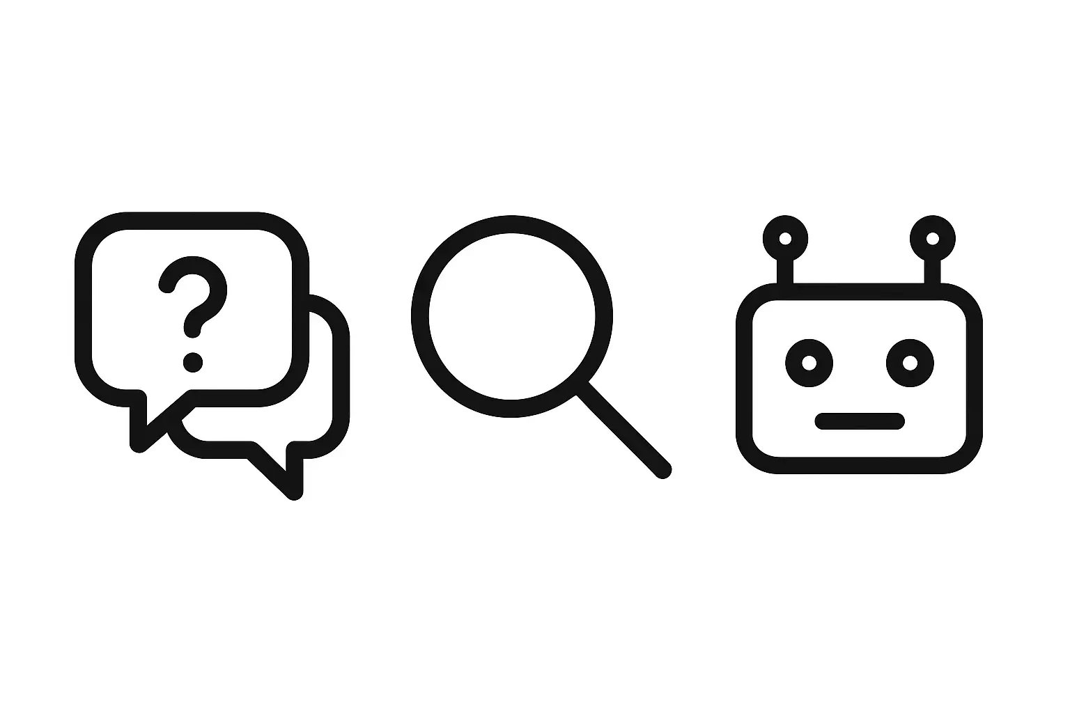 A FAQ-style icon set for AI SEO (speech bubbles, magnifying glass, AI bots)
