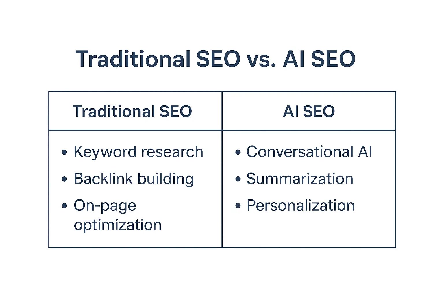 A comparison table showing “Traditional SEO vs. AI SEO
